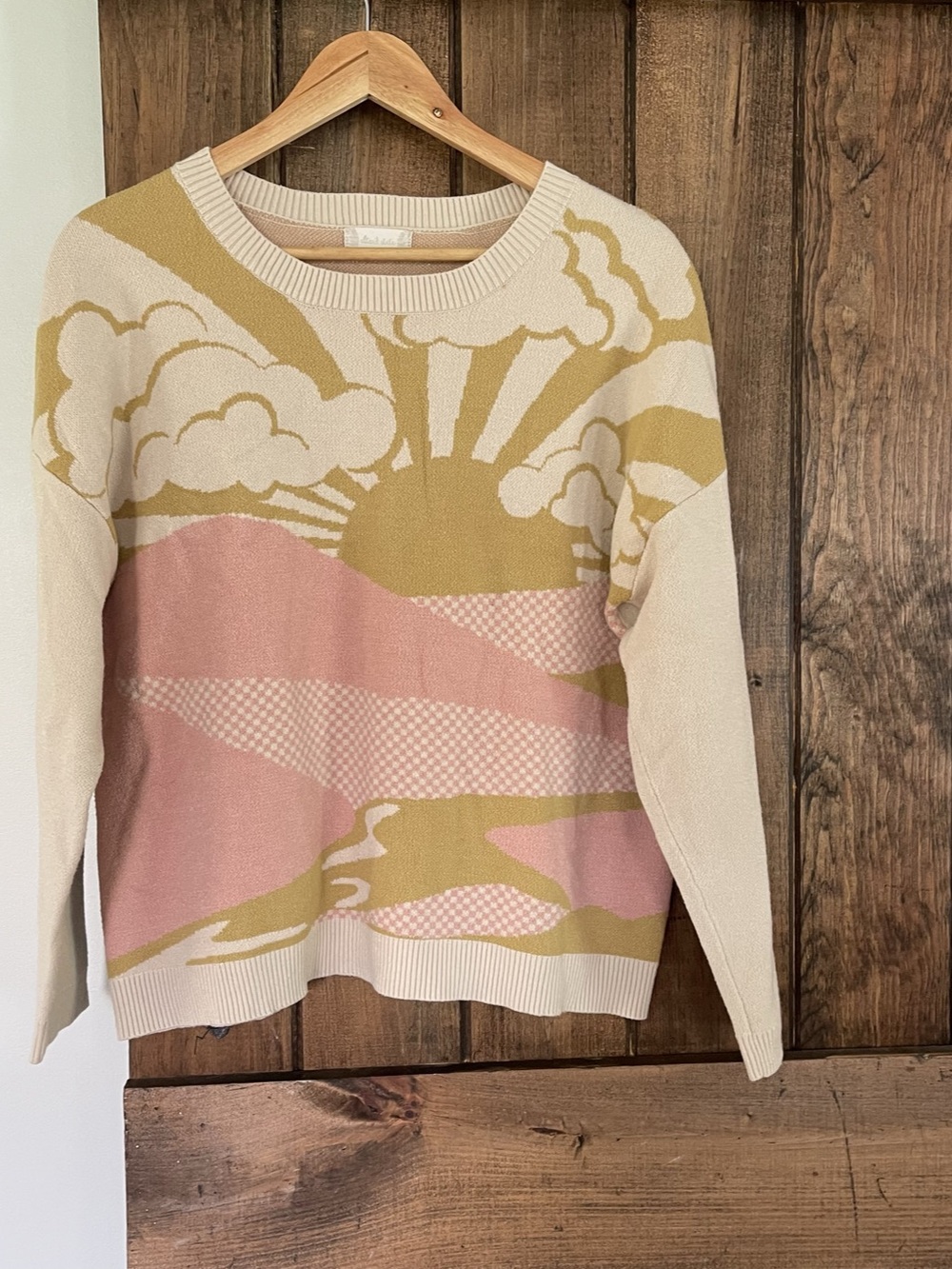 Altar'd State Pink Tan Sunset Scenic Landscape Fields Sweater Medium